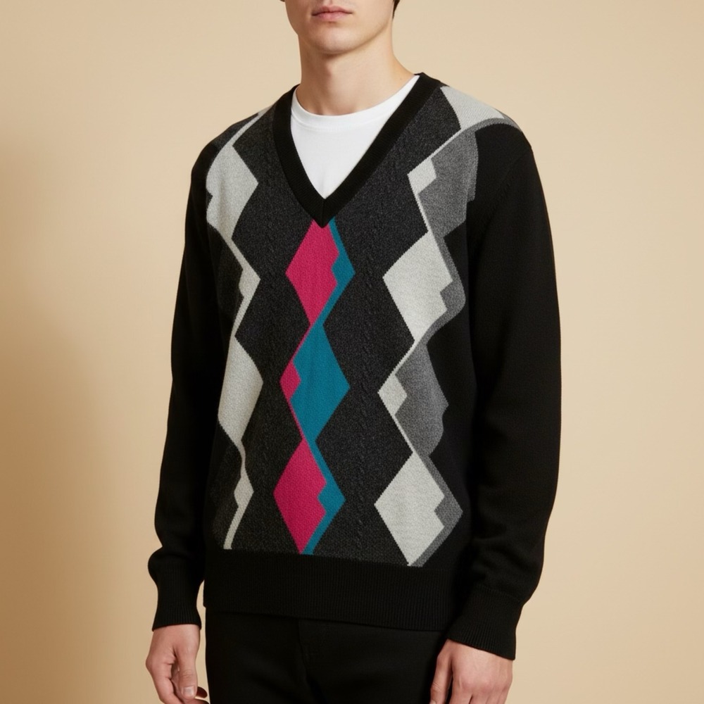 King Warrior Pure Cashmere V-Neck‎ Sweater Black Geometric Intarsia L Smart Wear